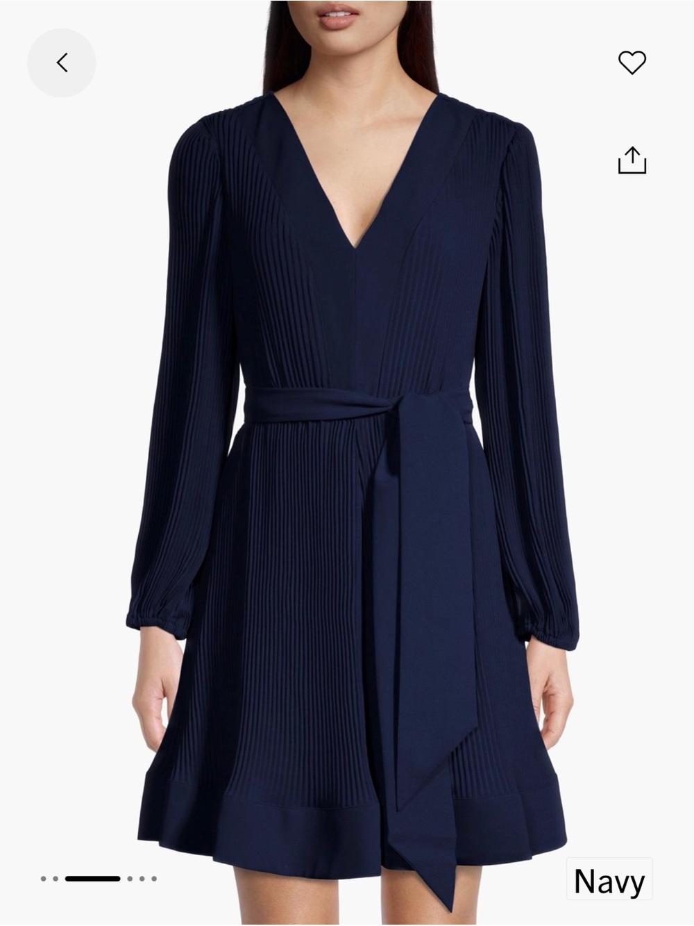NWT Pleated V-Neck Long-Sleeve Navy Dress with Self-Tie Waist